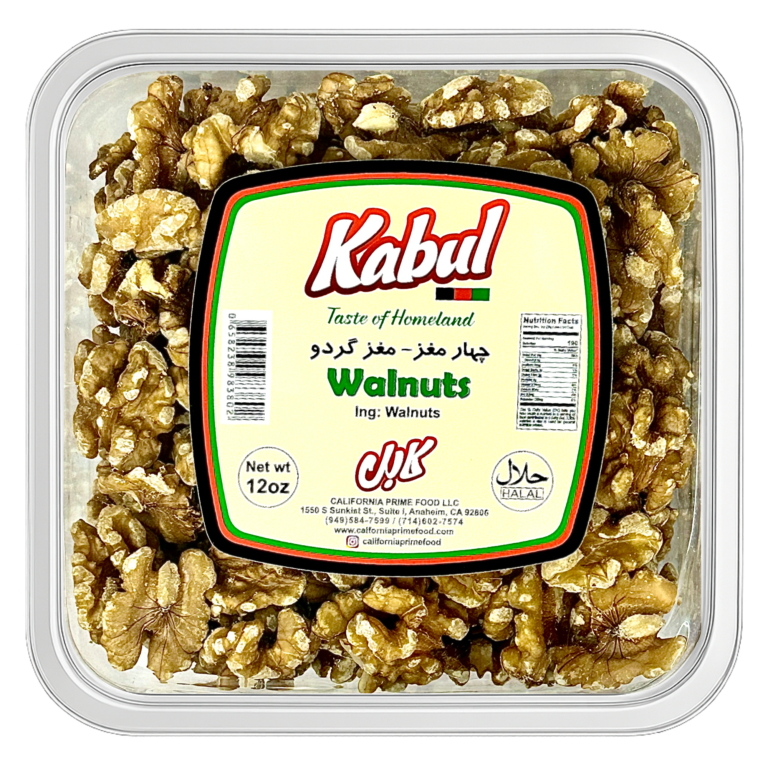 Kabul brand shelled walnut halves in a sealed 12 oz tub