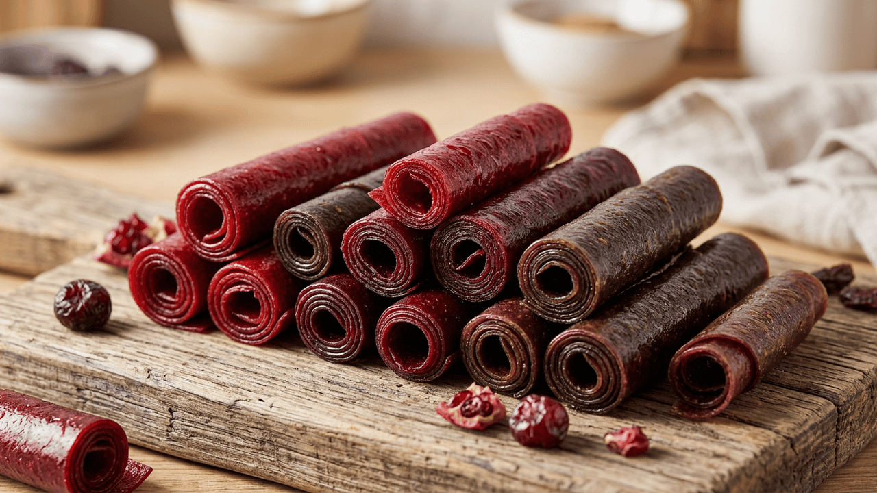 Colorful Persian lavashak fruit leather rolls