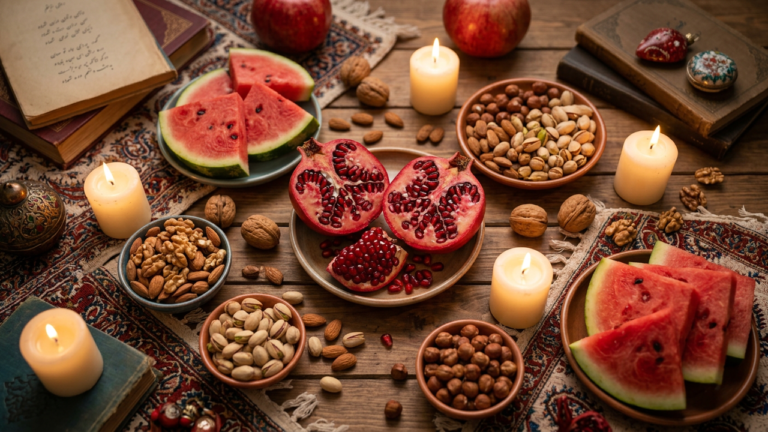 Festive Persian Yalda Night spread with pomegranate, watermelon, and nuts