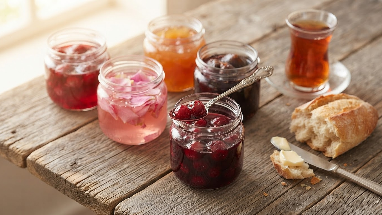 Assorted Persian moraba jams - sour cherry, rose, and quince - in glass jars with tea