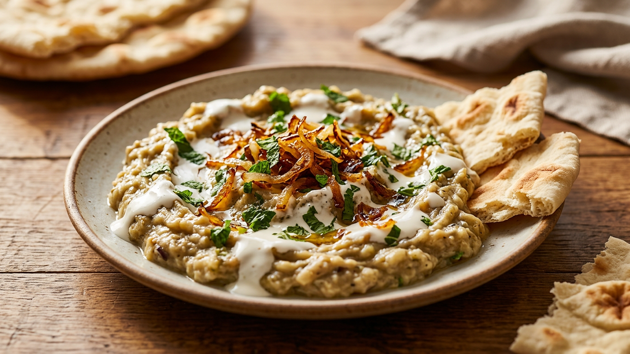 Plate of Persian kashk-o-bademjan eggplant dip with kashk and crispy fried onions