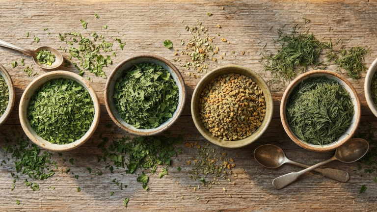 Bowls of Persian dried herb blends - ghormeh sabzi, aush, and kookoo herbs