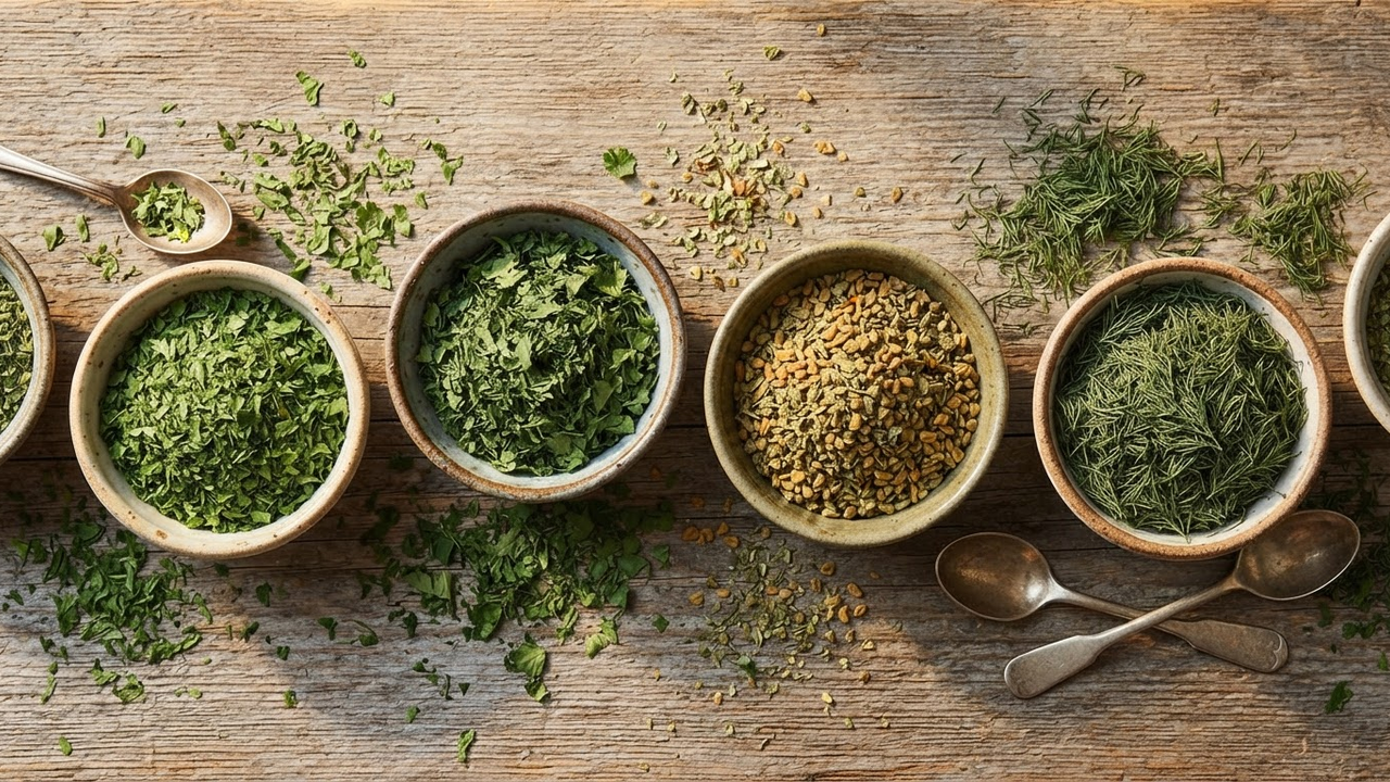 Bowls of Persian dried herb blends - ghormeh sabzi, aush, and kookoo herbs