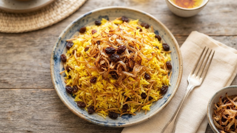 Persian reshteh polo - noodle rice with raisins and fried onions