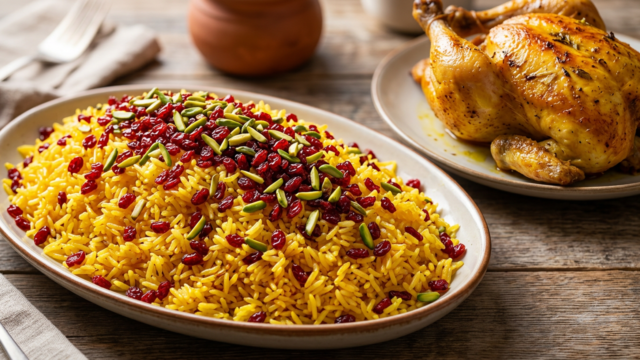 Platter of Persian zereshk polo saffron rice with dried barberries and pistachio