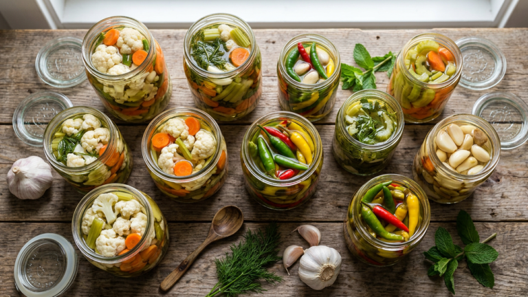 Assortment of colorful Persian torshi pickles in glass jars