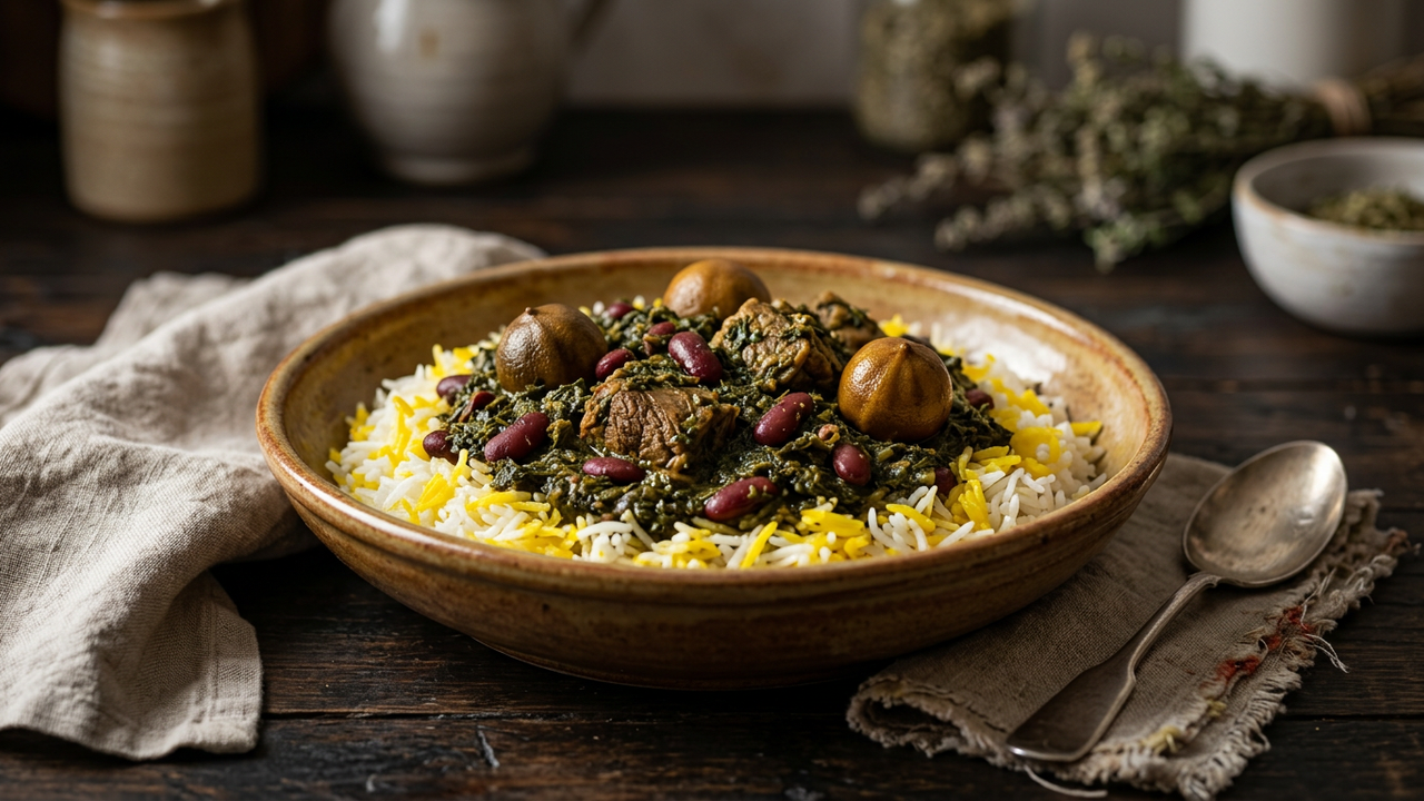 Authentic Persian ghormeh sabzi herb stew served over saffron rice