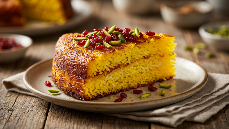 Wedge of Persian tahchin saffron rice cake with crispy crust and barberry garnish