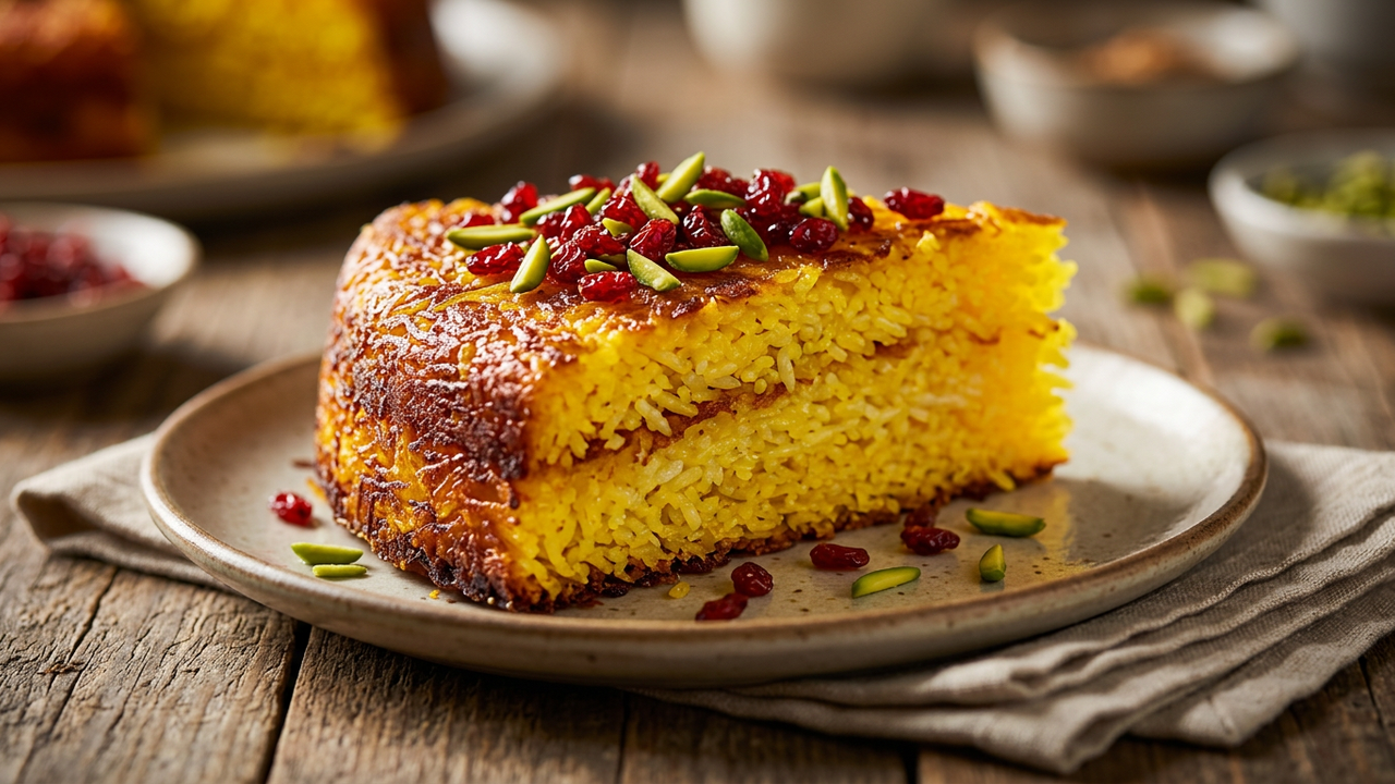 Wedge of Persian tahchin saffron rice cake with crispy crust and barberry garnish