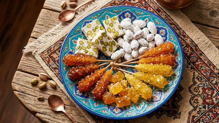 Assortment of traditional Persian sweets including gaz and nabaat