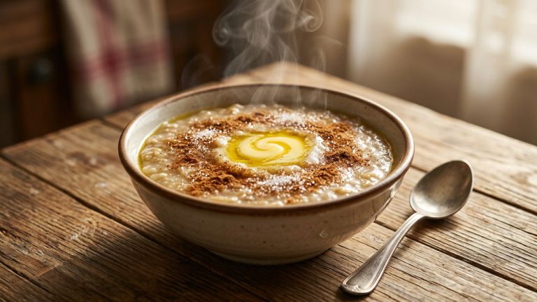 Bowl of Persian halim wheat and meat porridge topped with cinnamon and sugar