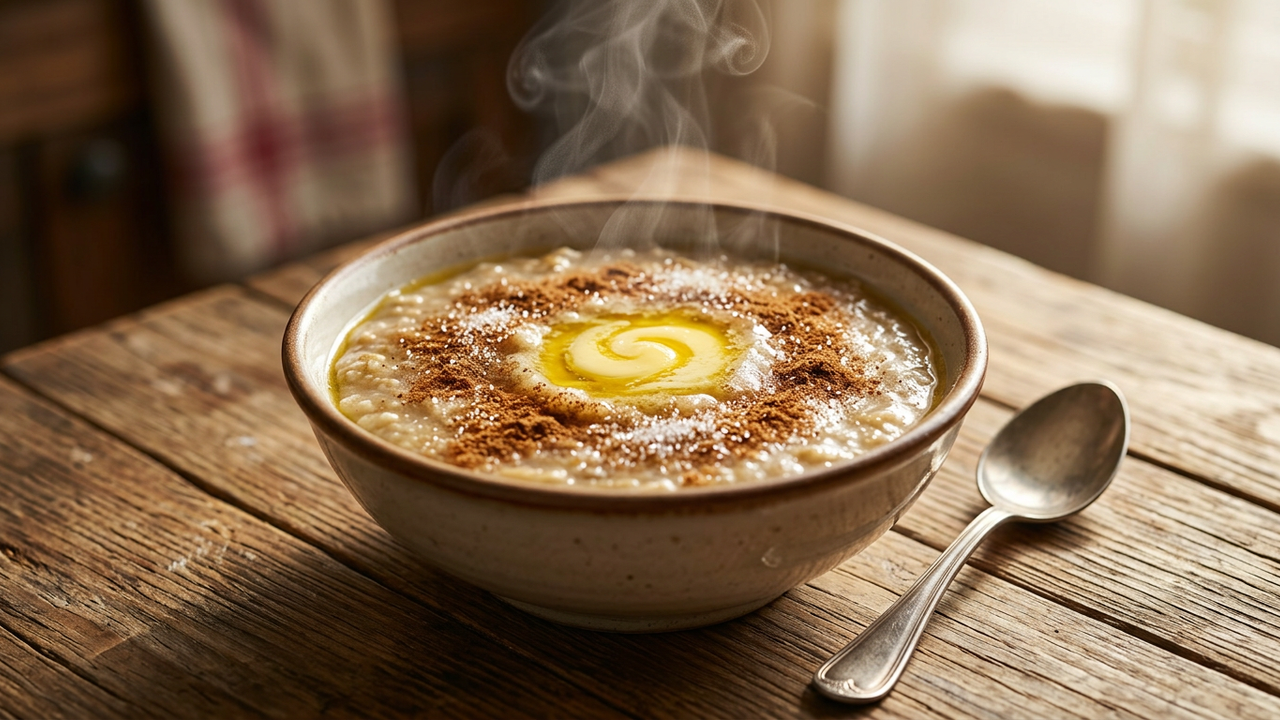 Bowl of Persian halim wheat and meat porridge topped with cinnamon and sugar