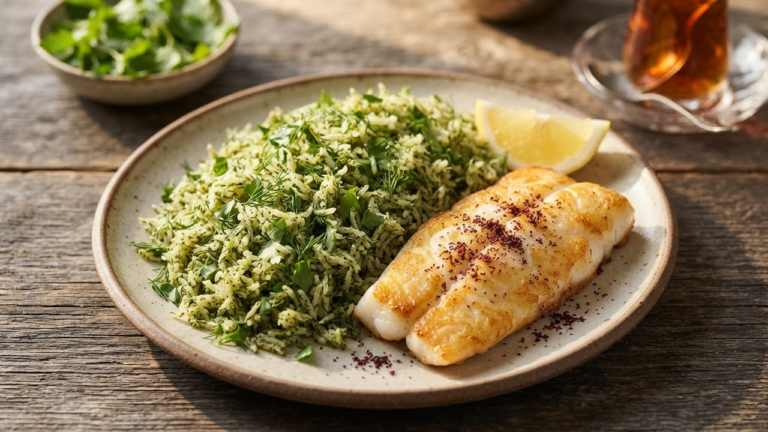Persian sabzi polo - herbed green rice served with pan-seared fish
