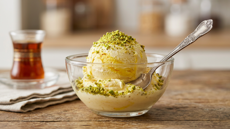 Scoop of Persian bastani sonnati saffron rose ice cream topped with pistachios