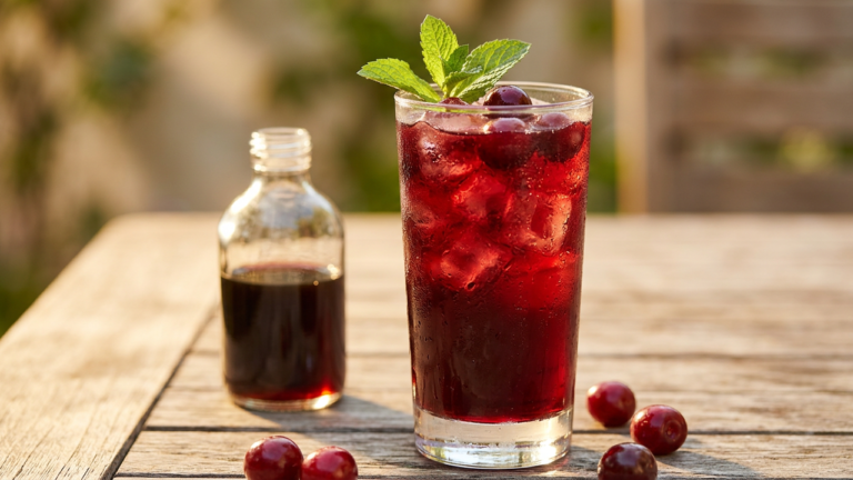 Glass of Persian sharbat syrup drink with mint and ice