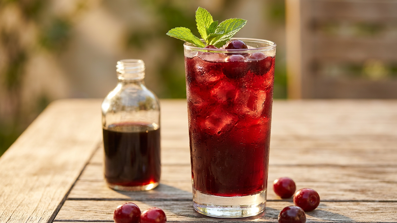 Glass of Persian sharbat syrup drink with mint and ice