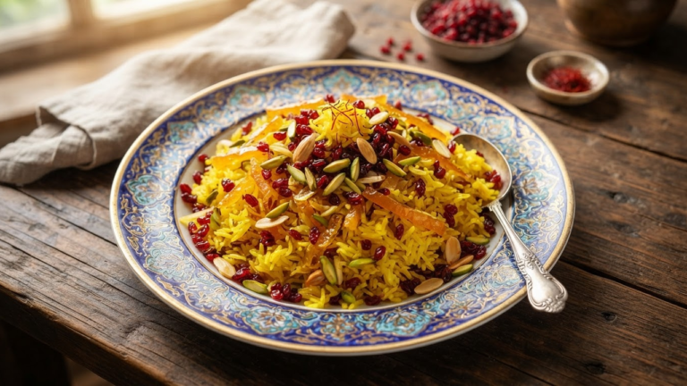 Persian shirin polo jeweled rice with barberries, pistachio, and candied orange peel