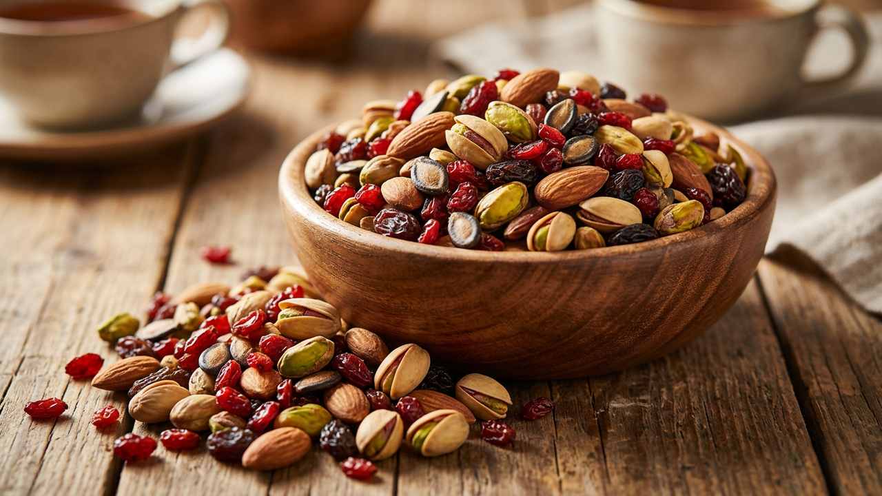 Bowl of Persian ajil trail mix with pistachios, seeds, and dried fruit