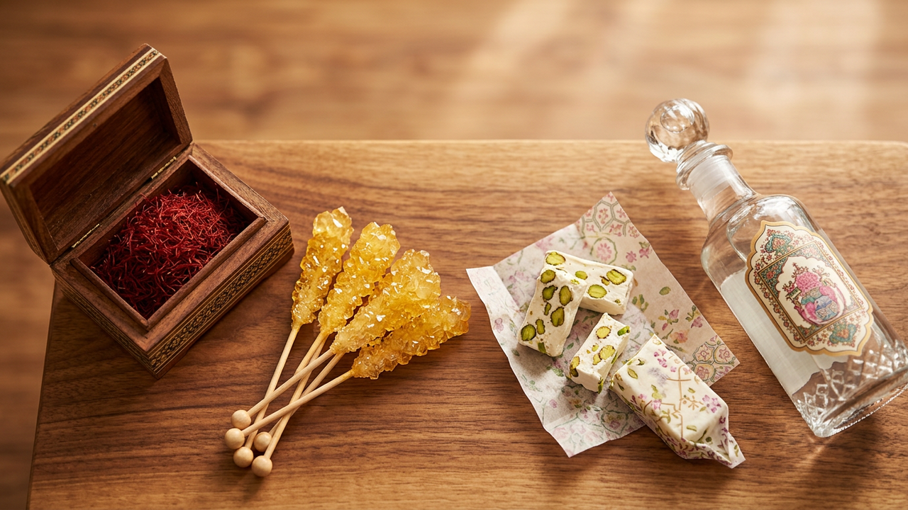 Persian gift arrangement of saffron, rock candy, gaz, and rose water