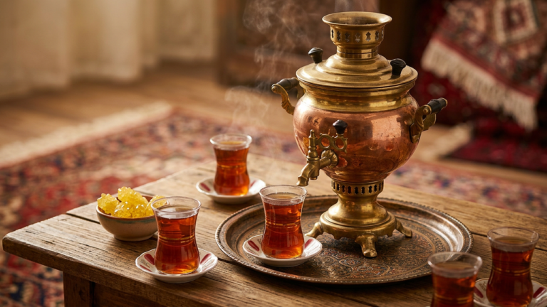 Traditional Persian tea set with samovar and small glasses of amber tea