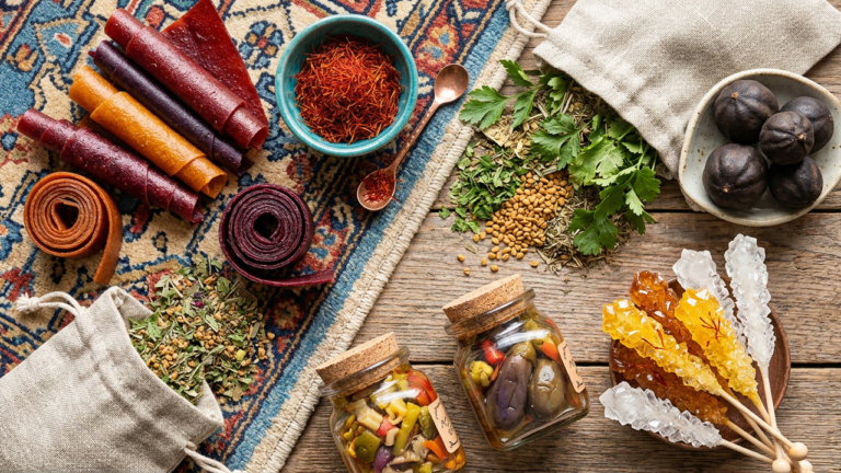Assorted authentic Persian pantry ingredients flat lay