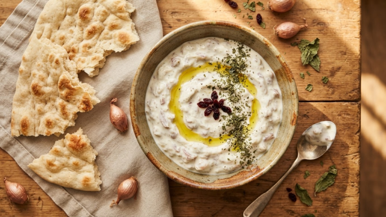 Persian mast-o-musir yogurt and dried shallot dip served with flatbread