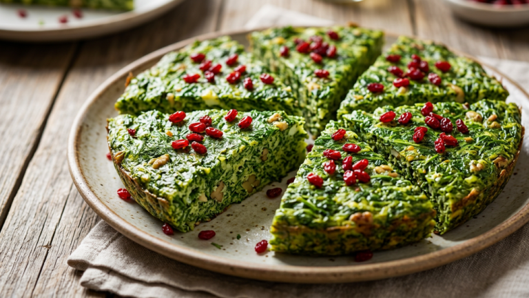Sliced wedges of vibrant green Persian kuku sabzi herb frittata