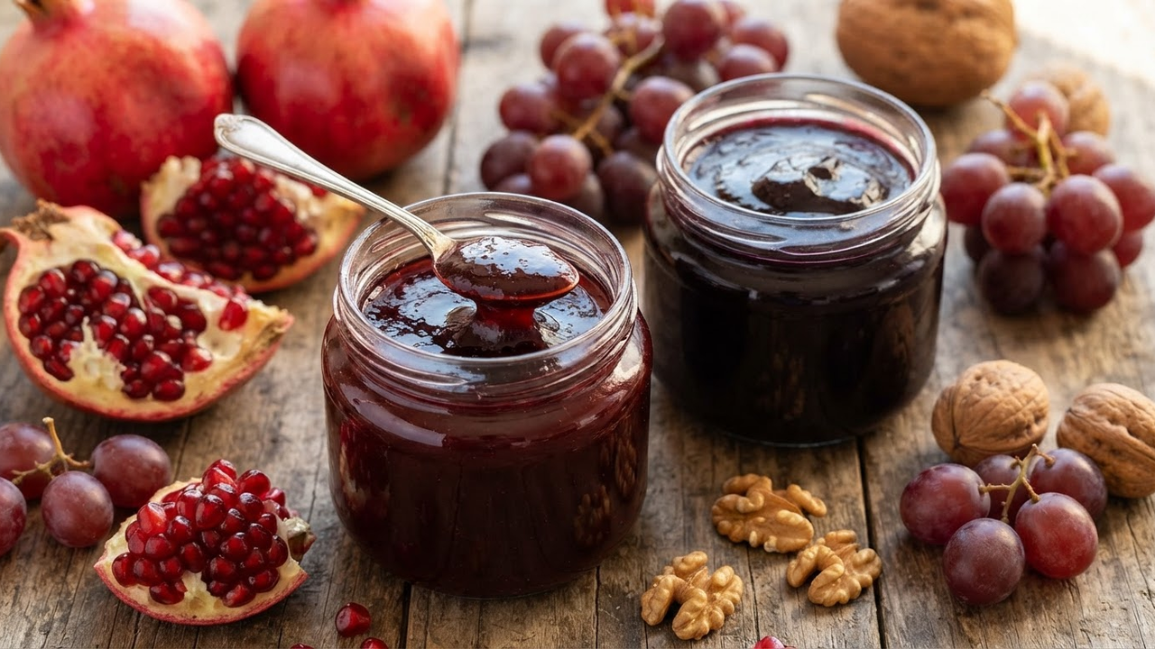 Persian rob fruit pastes - pomegranate and sour grape - in glass jars with a spoon