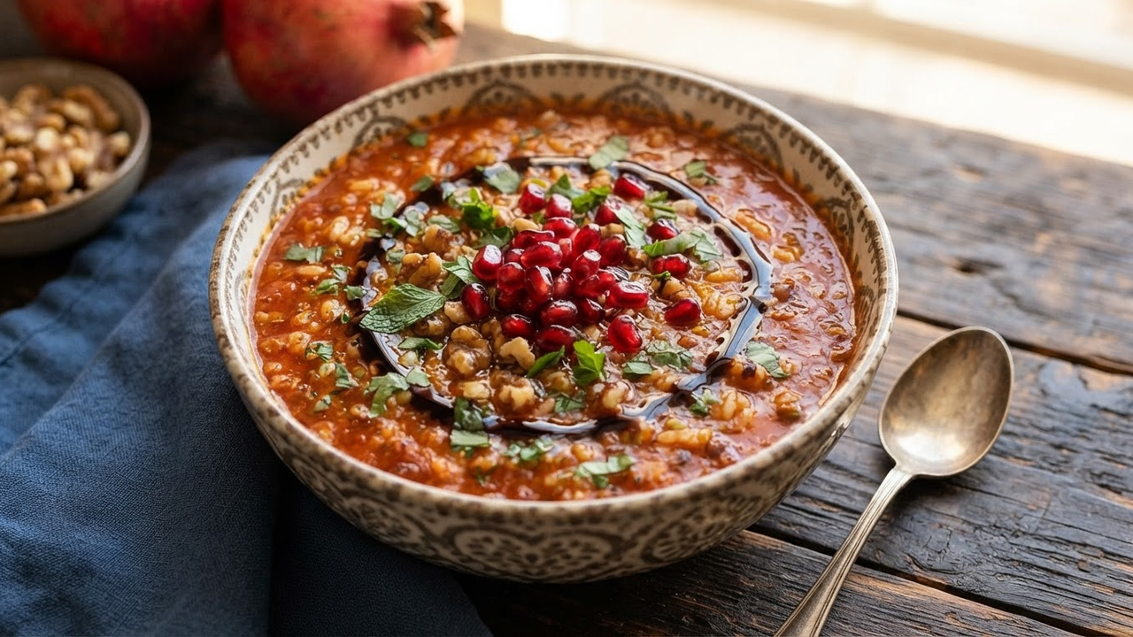Persian ash-e anar pomegranate soup with rice, herbs, and walnuts