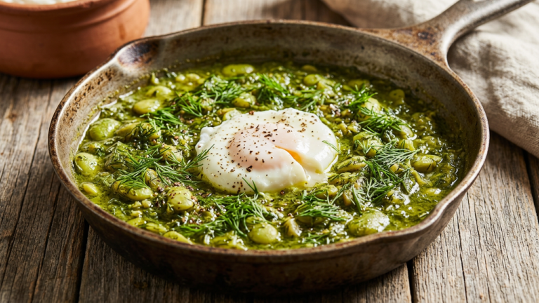 Skillet of Persian baghala ghatogh fava bean and dill stew with poached egg