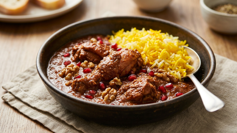 Authentic Persian fesenjan pomegranate walnut stew served over rice