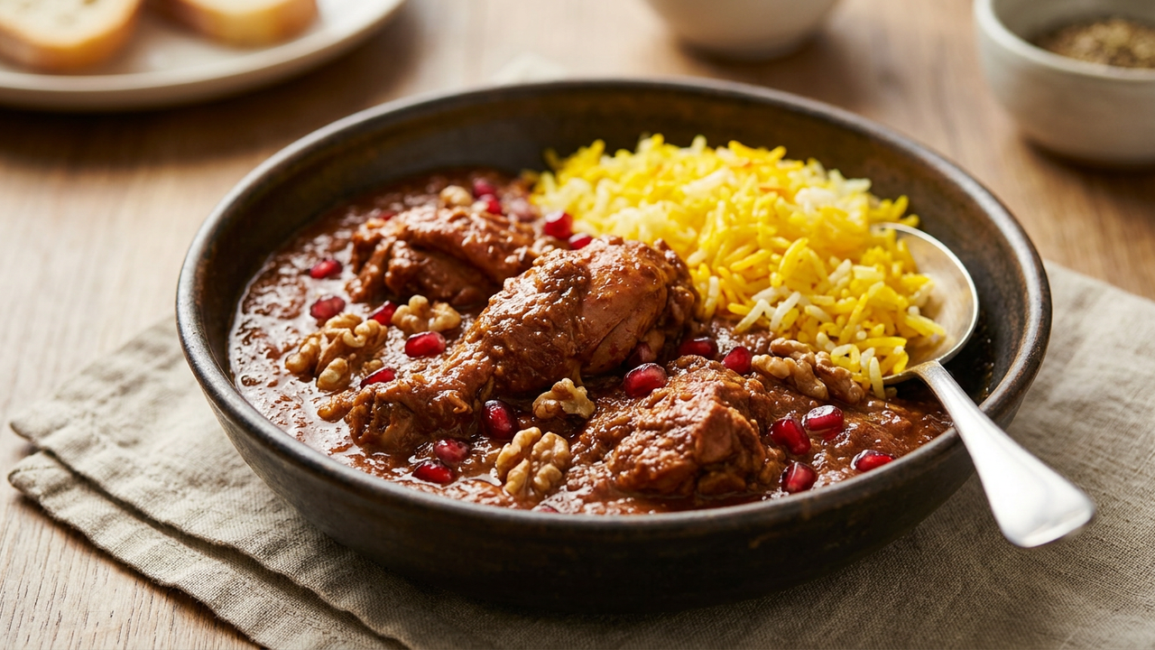 Authentic Persian fesenjan pomegranate walnut stew served over rice