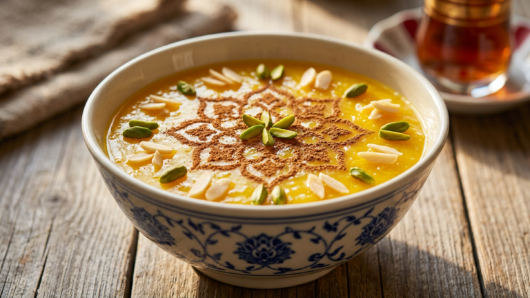 Bowl of Persian sholeh zard saffron rice pudding with cinnamon and almonds