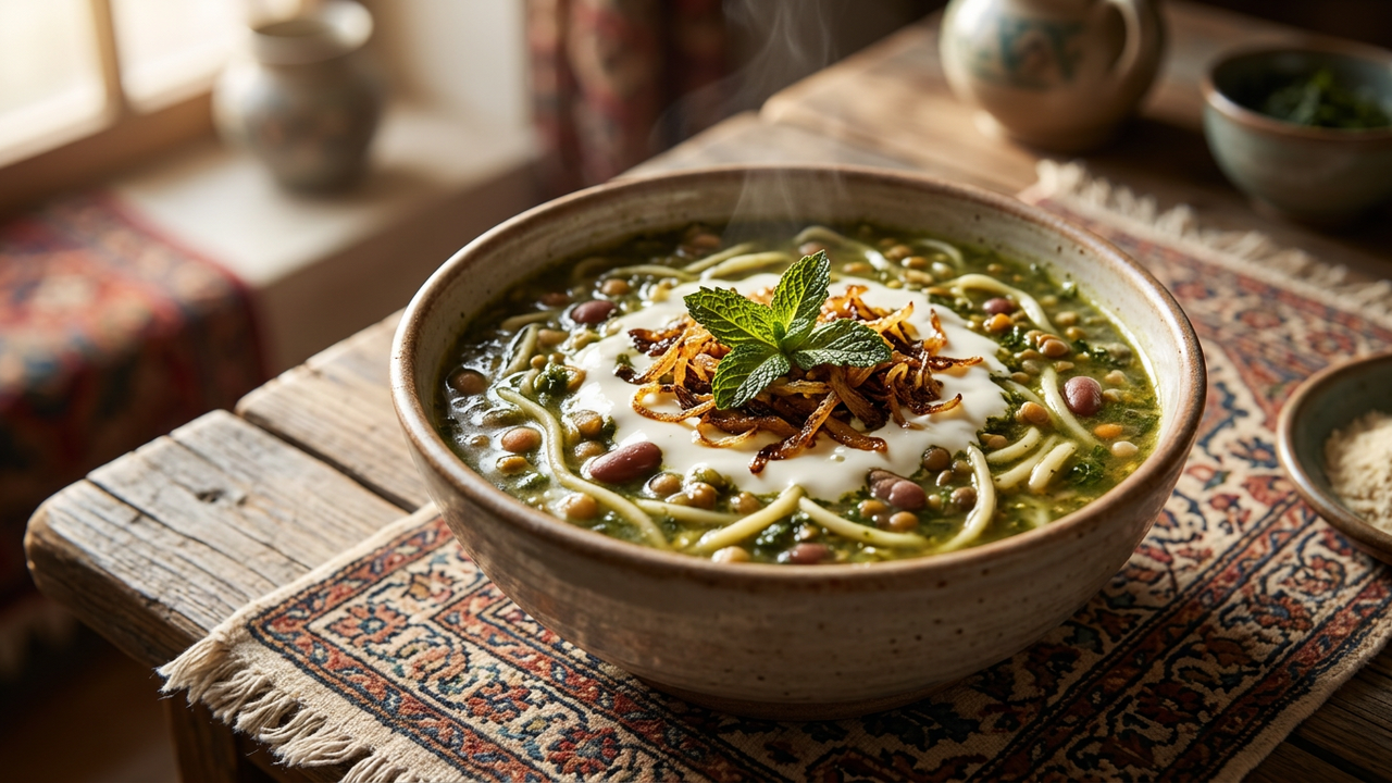 Bowl of authentic Persian ash reshteh noodle soup topped with kashk