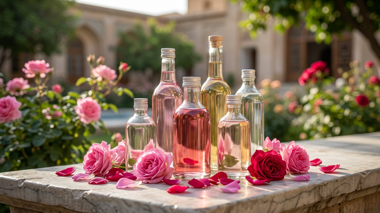 Elegant bottles of Persian herbal rose water and floral distilled waters