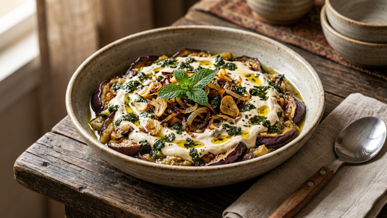 Traditional Persian kashk-o-bademjan eggplant dish topped with kashk
