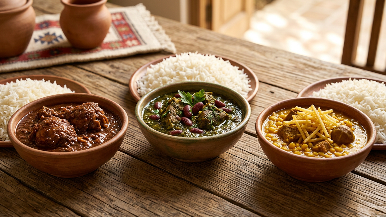 Assortment of Persian khoresht stews served with steamed rice
