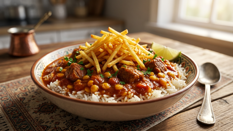 Bowl of Persian gheymeh split pea and meat stew topped with crispy fried potatoes