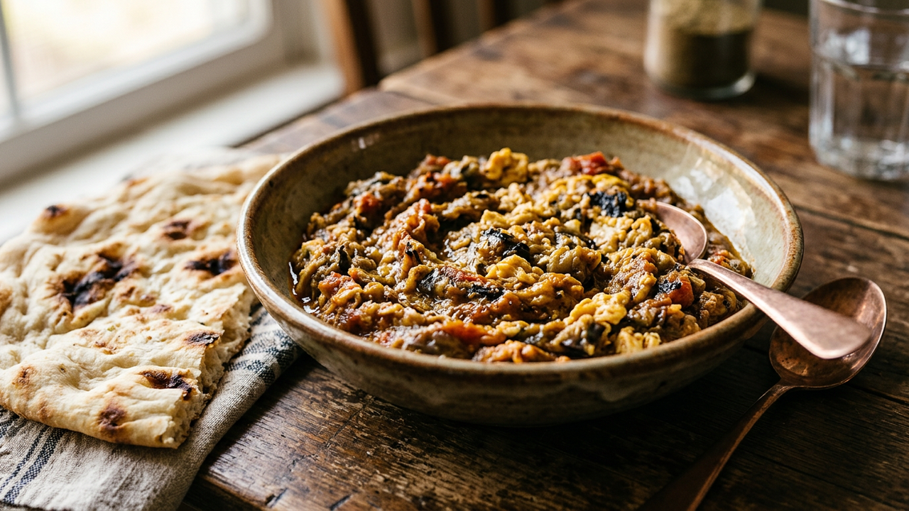 Bowl of Persian mirza ghasemi smoky eggplant dip with flatbread
