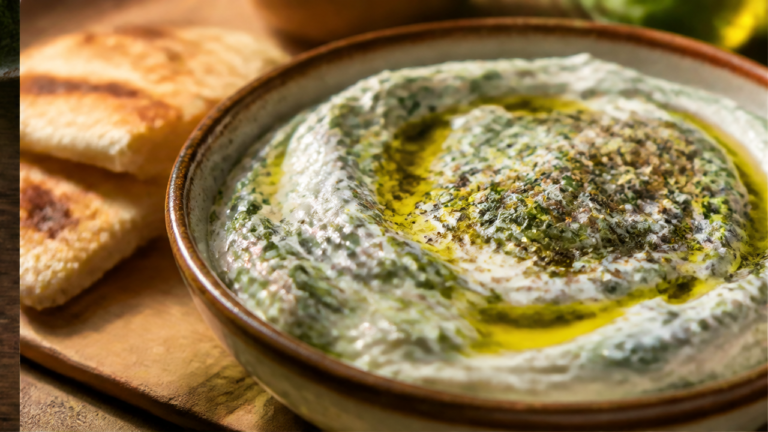 Bowl of Persian borani esfenaj spinach yogurt dip with olive oil and dried mint