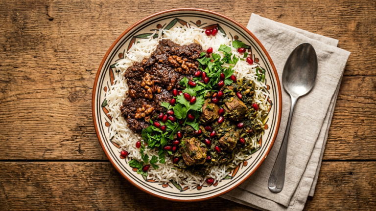Persian meal with rice, herb stew, and pomegranate walnut stew garnished with fresh herbs