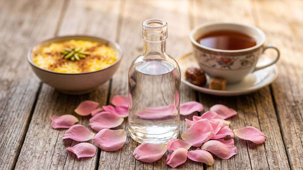 Bottle of Persian rose water next to fresh rose petals