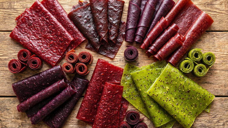 Assorted lavashak Persian fruit leather flavors — barberry, cornelian cherry, prunella, and kiwi
