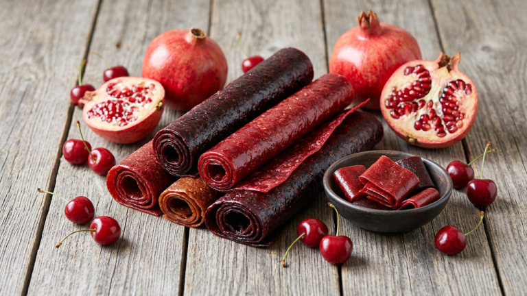Sheets of dried lavashak fruit leather next to fresh pomegranate and cherries