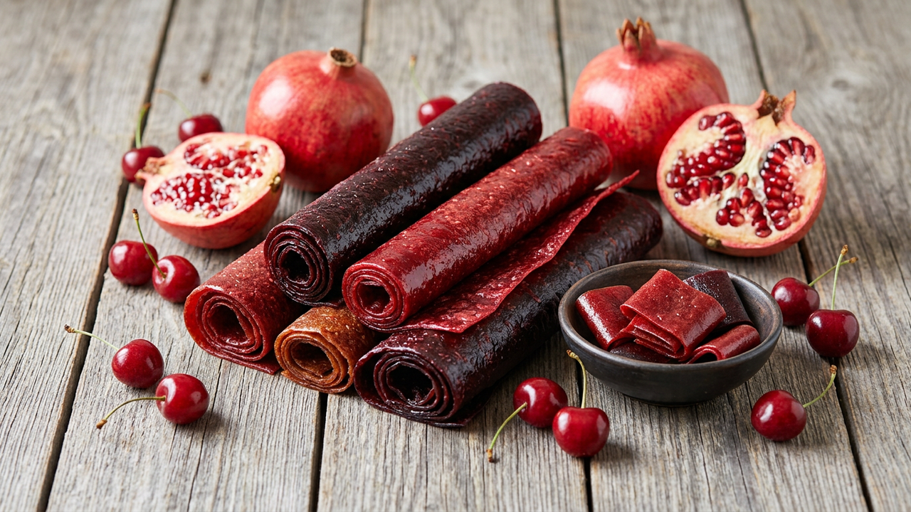 Sheets of dried lavashak fruit leather next to fresh pomegranate and cherries