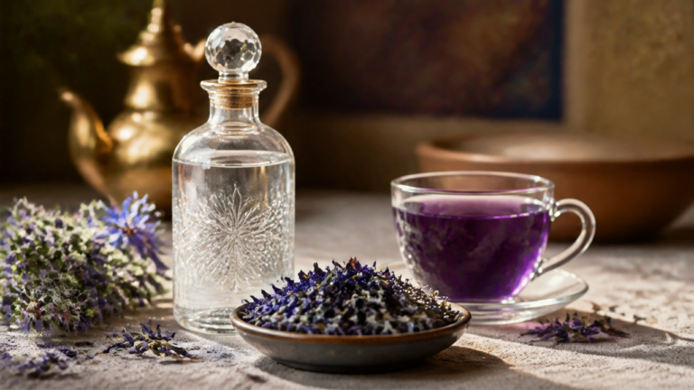 A clear bottle of Persian borage water (aragh golgavzaban) beside a bowl of dried violet-blue borage petals and a cup of violet borage infusion