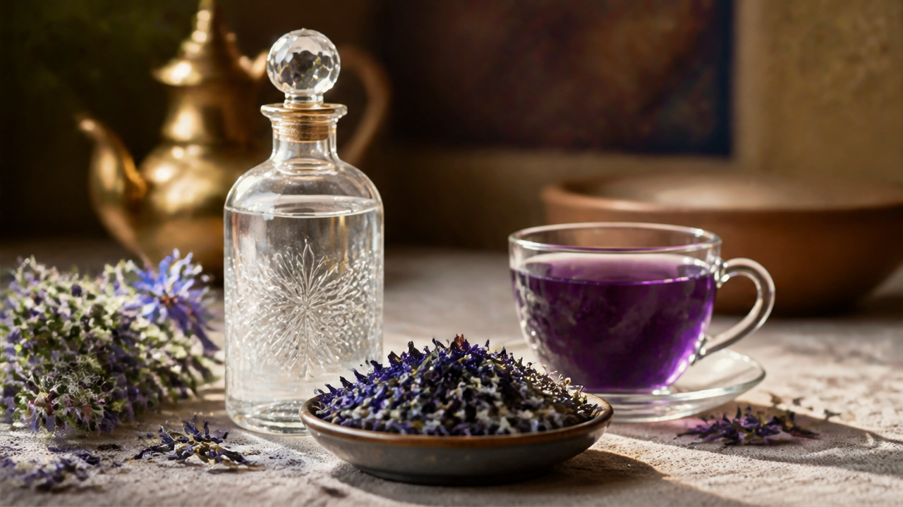 A clear bottle of Persian borage water (aragh golgavzaban) beside a bowl of dried violet-blue borage petals and a cup of violet borage infusion