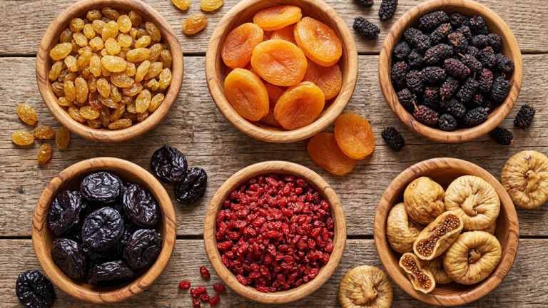 Assortment of Persian dried fruits - raisins, apricots, mulberries, prunes, barberries, figs