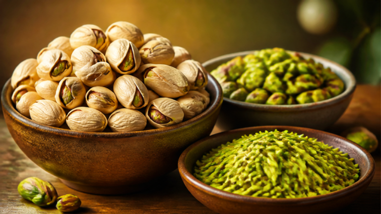 Bowls of Persian pistachios: in-shell, shelled kernels, and slivered khalal pistachios