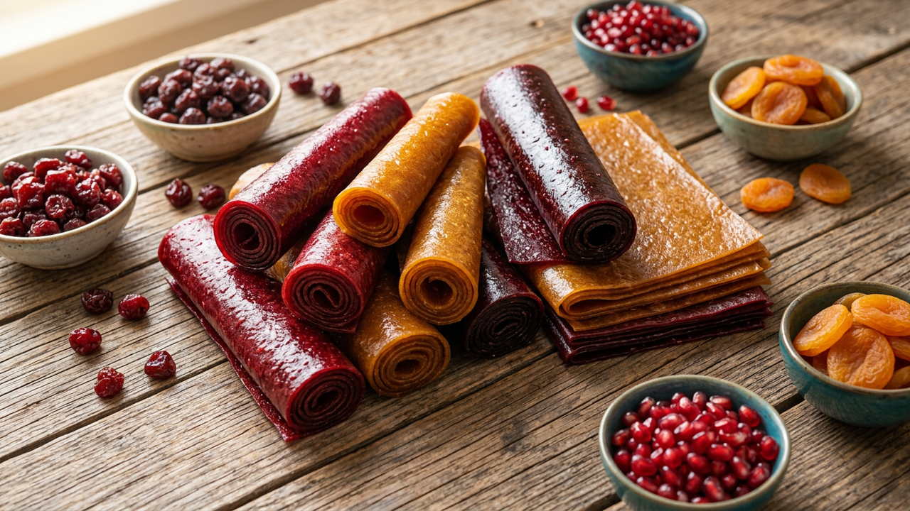 Colorful rolled and sheet lavashak Persian fruit leather arranged on a wooden table
